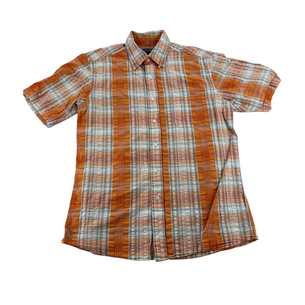 Saddlebred Shirt Mens Medium Orange Plaid Short Sleeve Button Down Cotton